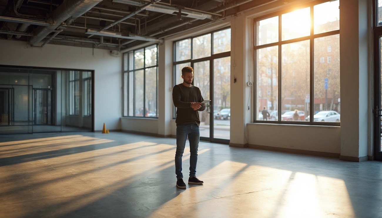 Man in dark shirt and jeans standing in modern, empty office space with concrete floors and floor-to-ceiling windows, holding tablet, with natural light streaming across industrial-style loft interior.
