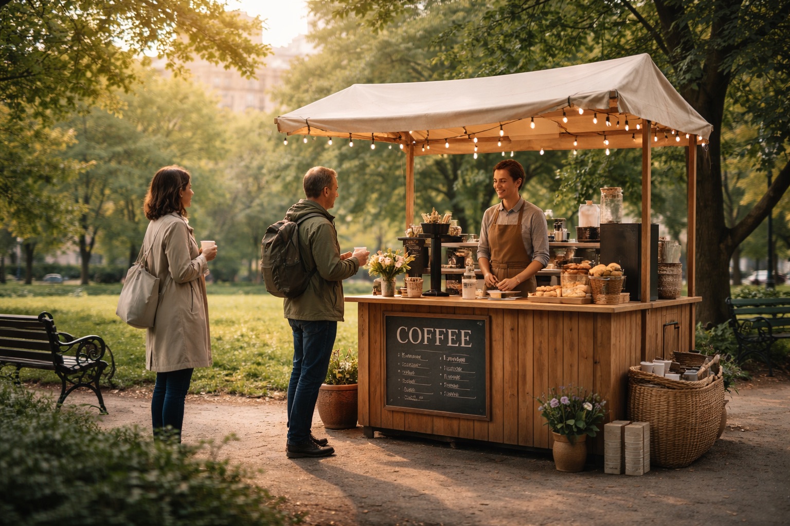 A quiet early-morning scene at a small pop-up coffee stand opening in a city park, with minimal signage, one or two curious passersby, and a relaxed, optimistic atmosphere—representing the soft launch of a new business